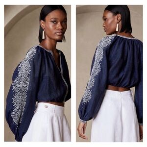 Banana Republic Linen Yara Embroidered Crop Bubble Indigo Blue Top XS